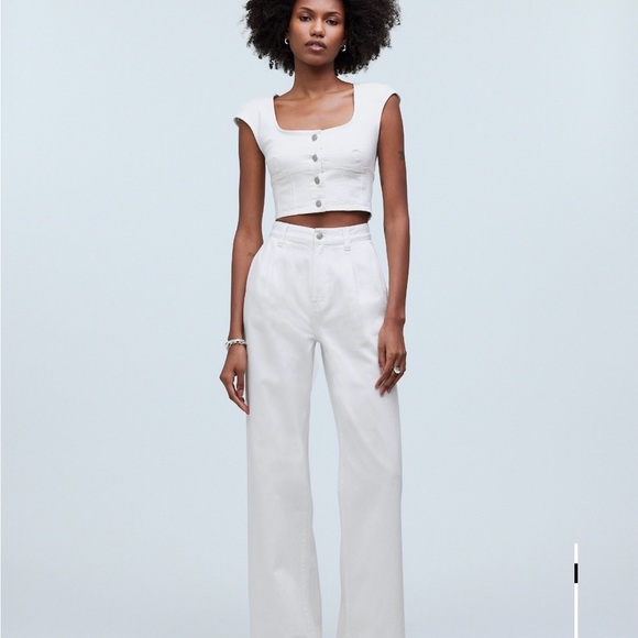 Madewell White Cropped Button-Front Square Neck Top - Picture 2 of 3